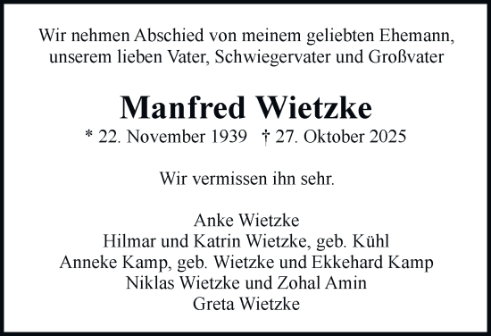 Traueranzeige von Manfred Wietzke von Hamburger Abendblatt