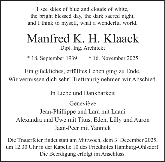 Traueranzeige von Manfred K. H. Klaack von Hamburger Abendblatt