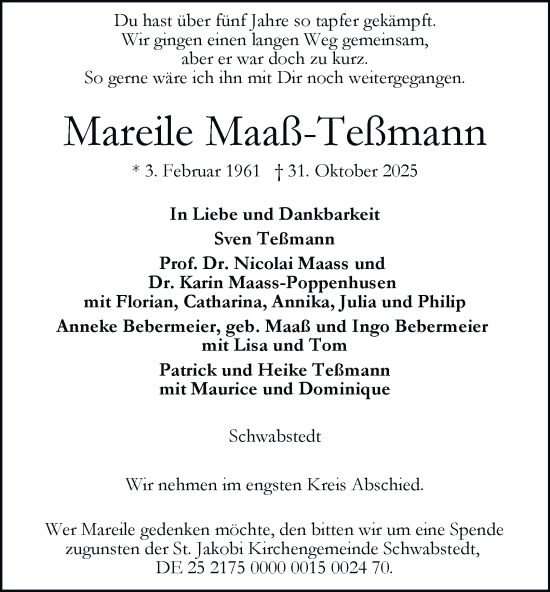 Traueranzeige von Mareile Maaß-Teßmann von Hamburger Abendblatt