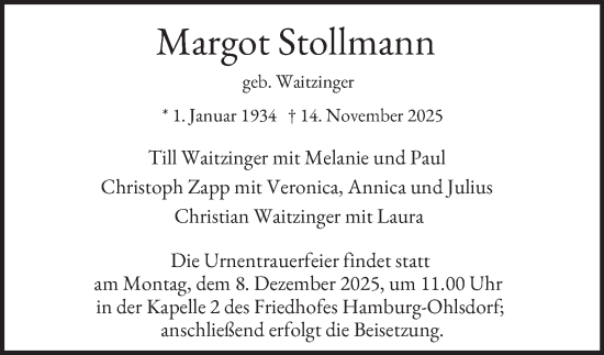Traueranzeige von Margot Stollmann von Hamburger Abendblatt