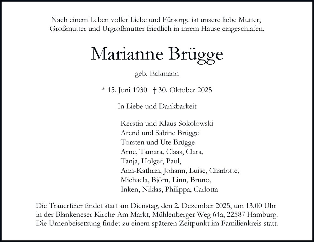  Traueranzeige für Marianne Brügge vom 15.11.2025 aus Hamburger Abendblatt