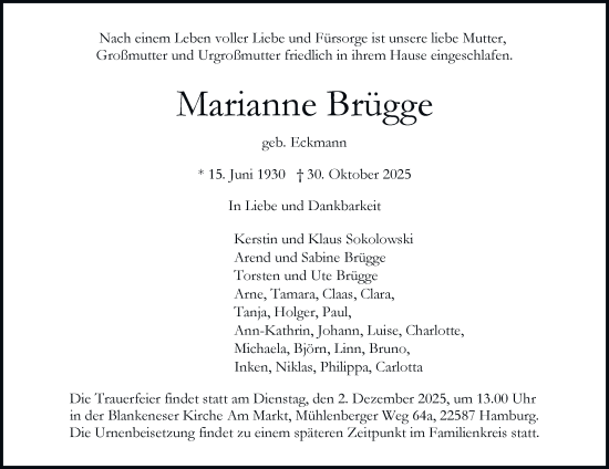 Traueranzeige von Marianne Brügge von Hamburger Abendblatt