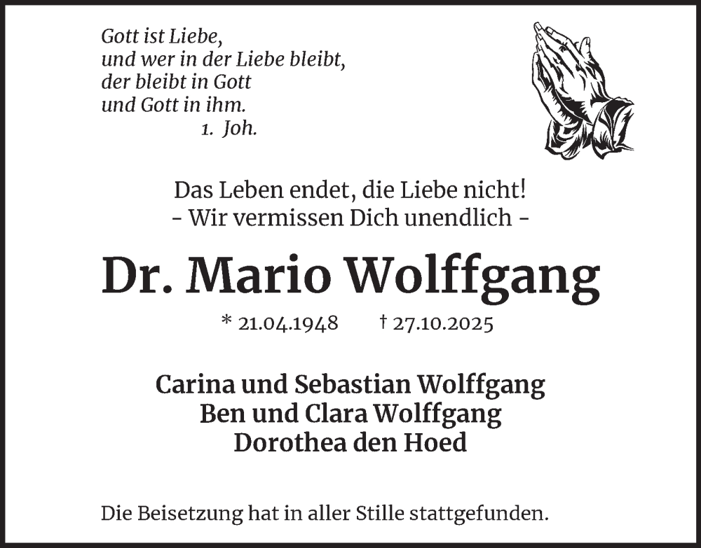  Traueranzeige für Mario Wolffgang vom 15.11.2025 aus Bergedorfer Zeitung