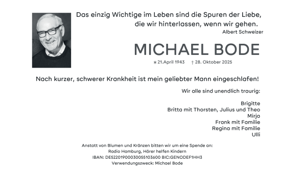 Traueranzeige von Michael Bode von Hamburger Abendblatt