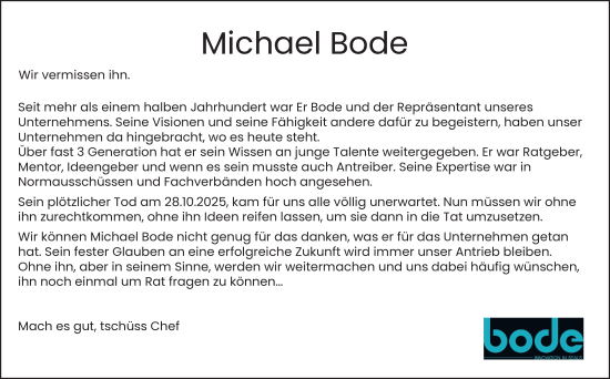 Traueranzeige von Michael Bode von Hamburger Abendblatt