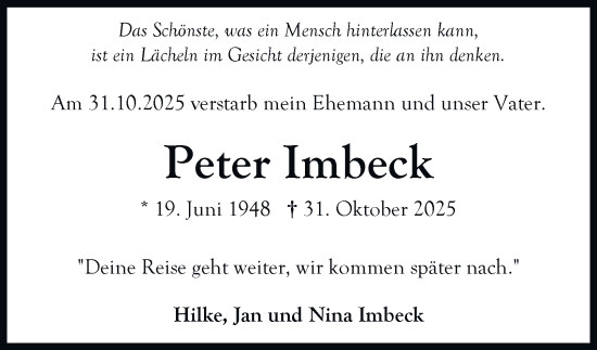 Traueranzeige von Peter Imbeck von Hamburger Abendblatt