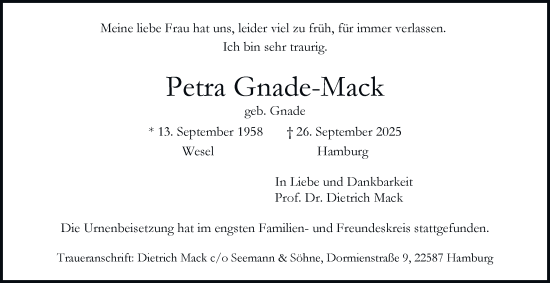 Traueranzeige von Petra Gnade-Mack von Hamburger Abendblatt