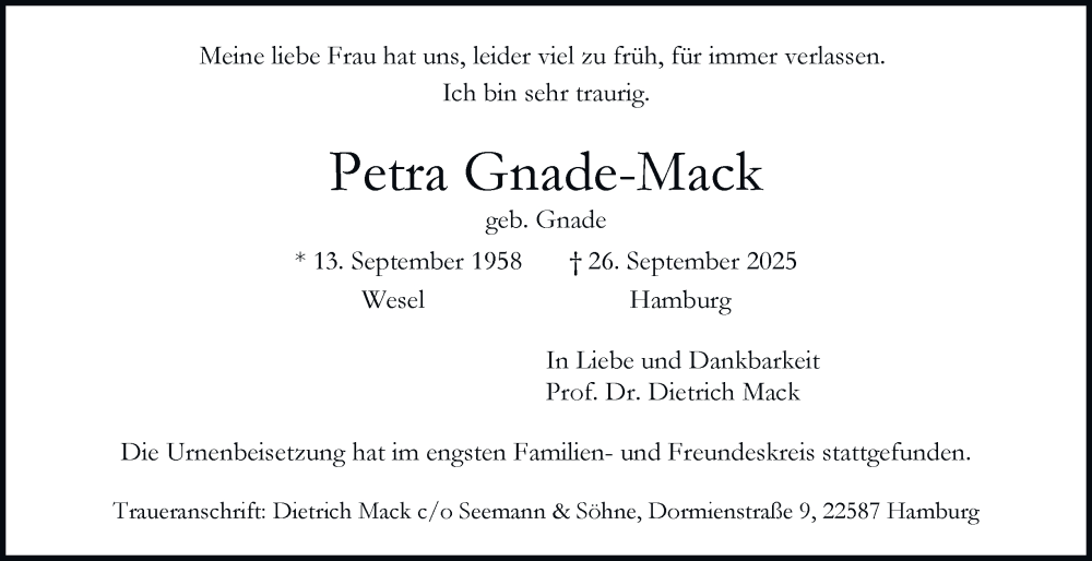  Traueranzeige für Petra Gnade-Mack vom 29.11.2025 aus Hamburger Abendblatt