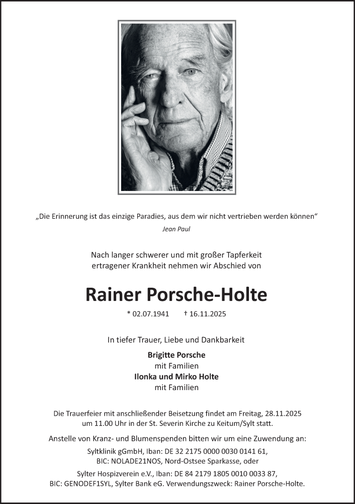  Traueranzeige für Rainer Porsche-Holte vom 22.11.2025 aus Hamburger Abendblatt