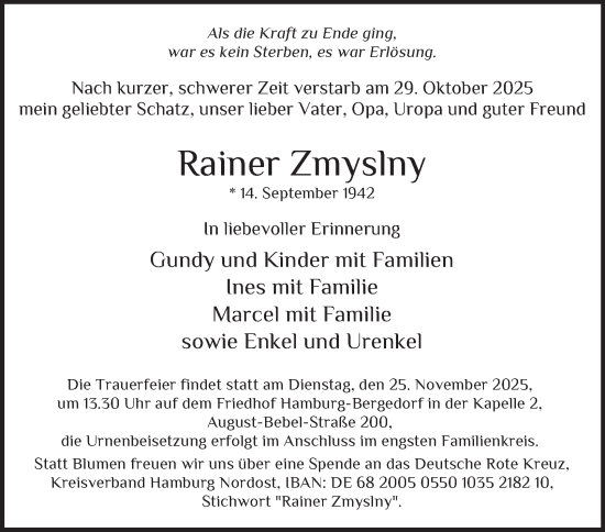 Traueranzeige von Rainer Zmyslny von Bergedorfer Zeitung