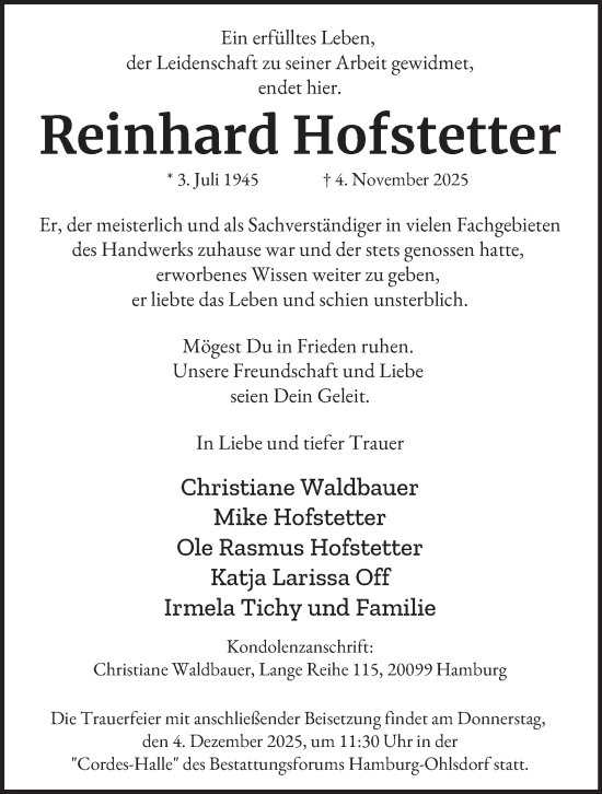 Traueranzeige von Reinhard Hofstetter von Hamburger Abendblatt