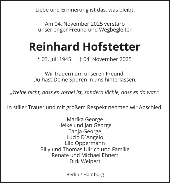 Traueranzeige von Reinhard Hofstetter von Hamburger Abendblatt