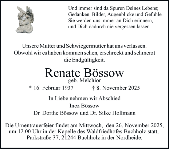 Traueranzeige von Renate Bössow von Hamburger Abendblatt