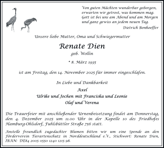 Traueranzeige von Renate Dien von Hamburger Abendblatt