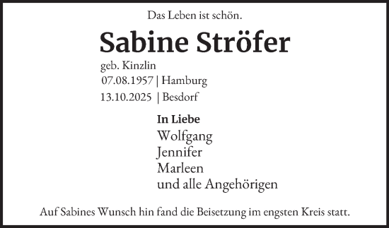 Traueranzeige von Sabine Ströfer von Hamburger Abendblatt