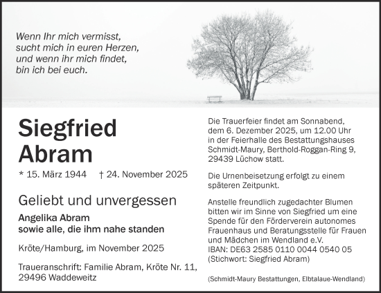 Traueranzeige von Siegfried Abram von Hamburger Abendblatt