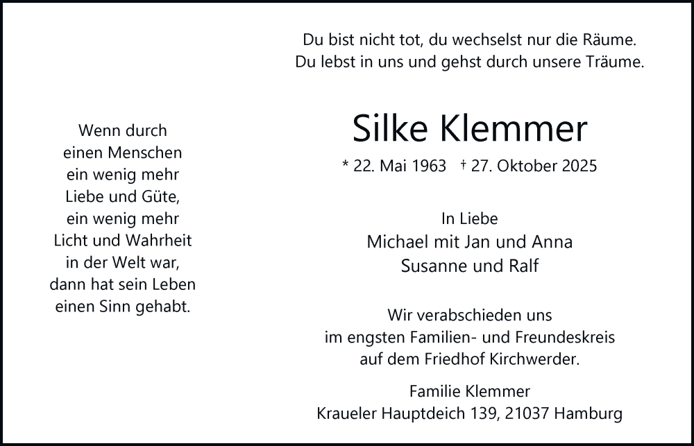  Traueranzeige für Silke Klemmer vom 15.11.2025 aus Bergedorfer Zeitung