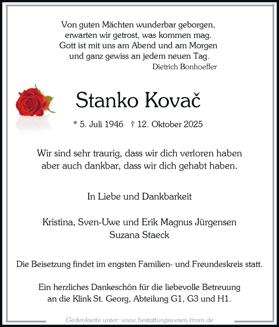 Traueranzeige von Stanko Kovač von Hamburger Abendblatt