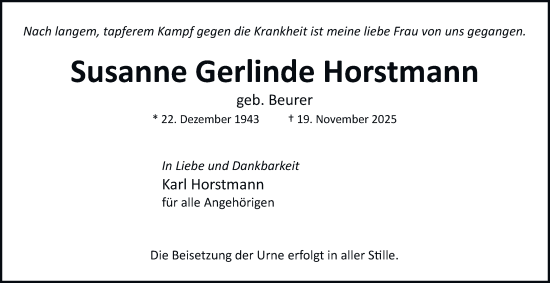 Traueranzeige von Susanne Gerlinde Horstmann von Hamburger Abendblatt