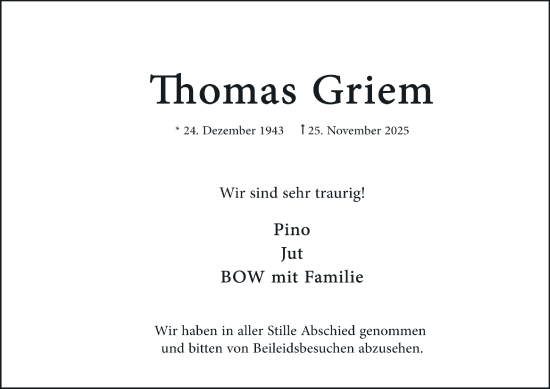 Traueranzeige von Thomas Griem von Hamburger Abendblatt