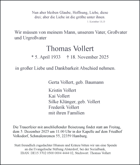 Traueranzeige von Thomas Vollert von Hamburger Abendblatt