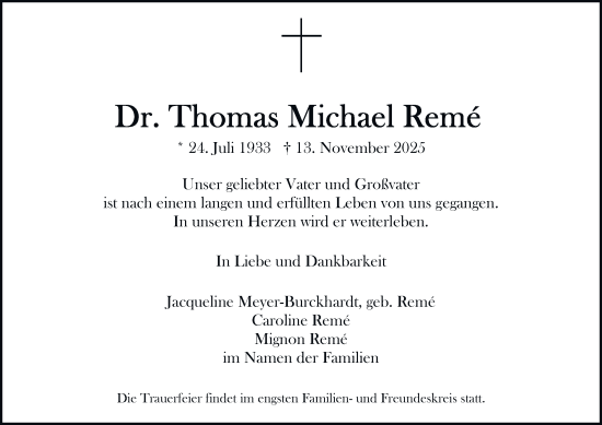 Traueranzeige von Thomas Michael Remé von Hamburger Abendblatt