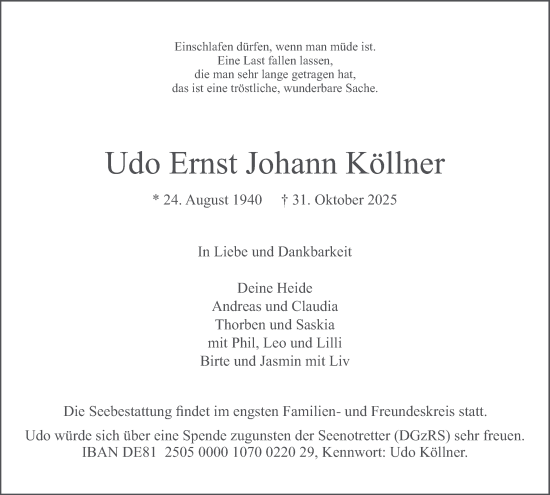 Traueranzeige von Udo Ernst Johann Köllner von Hamburger Abendblatt