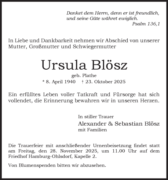 Traueranzeige von Ursula Blösz von Hamburger Abendblatt