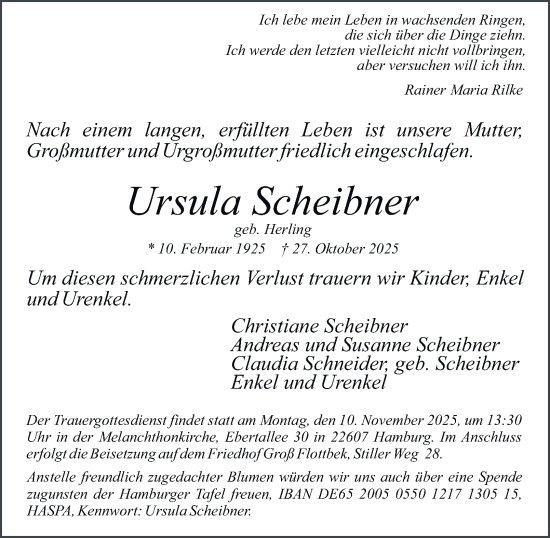 Traueranzeige von Ursula Scheibner von Hamburger Abendblatt