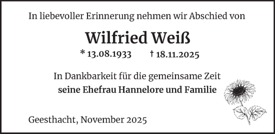 Traueranzeige von Wilfried Weiß von Bergedorfer Zeitung
