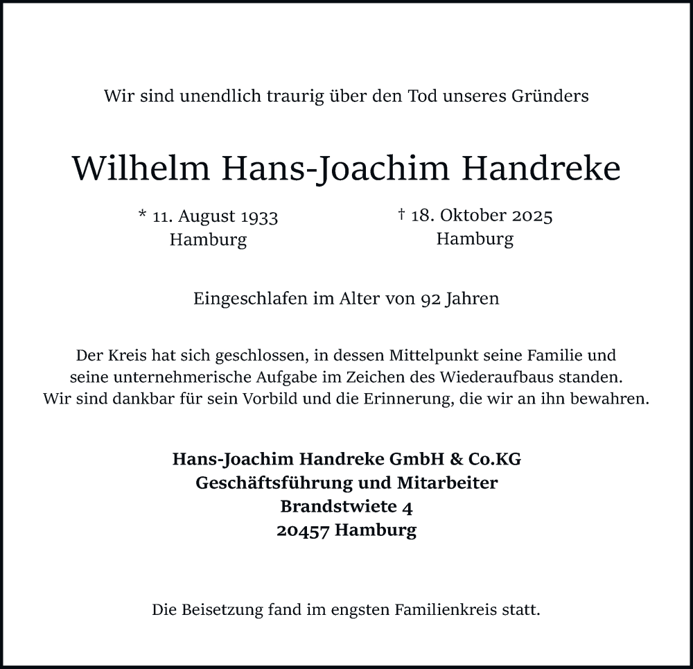  Traueranzeige für Wilhelm Hans-Joachim Handreke vom 10.11.2025 aus 