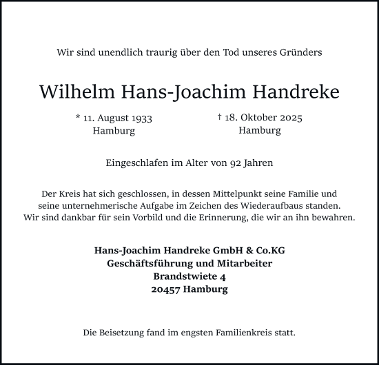 Traueranzeige von Wilhelm Hans-Joachim Handreke 