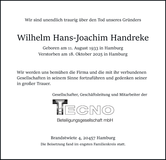 Traueranzeige von Wilhelm Hans-Joachim Handreke von Hamburger Abendblatt