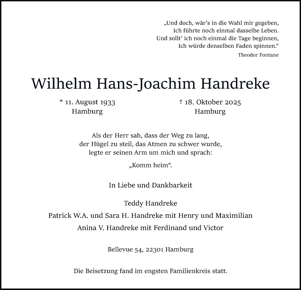  Traueranzeige für Wilhelm Hans-Joachim Handreke vom 08.11.2025 aus Hamburger Abendblatt