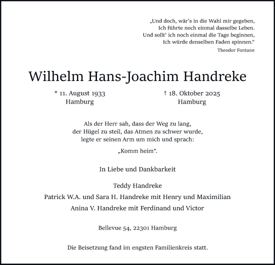Traueranzeige von Wilhelm Hans-Joachim Handreke von Hamburger Abendblatt