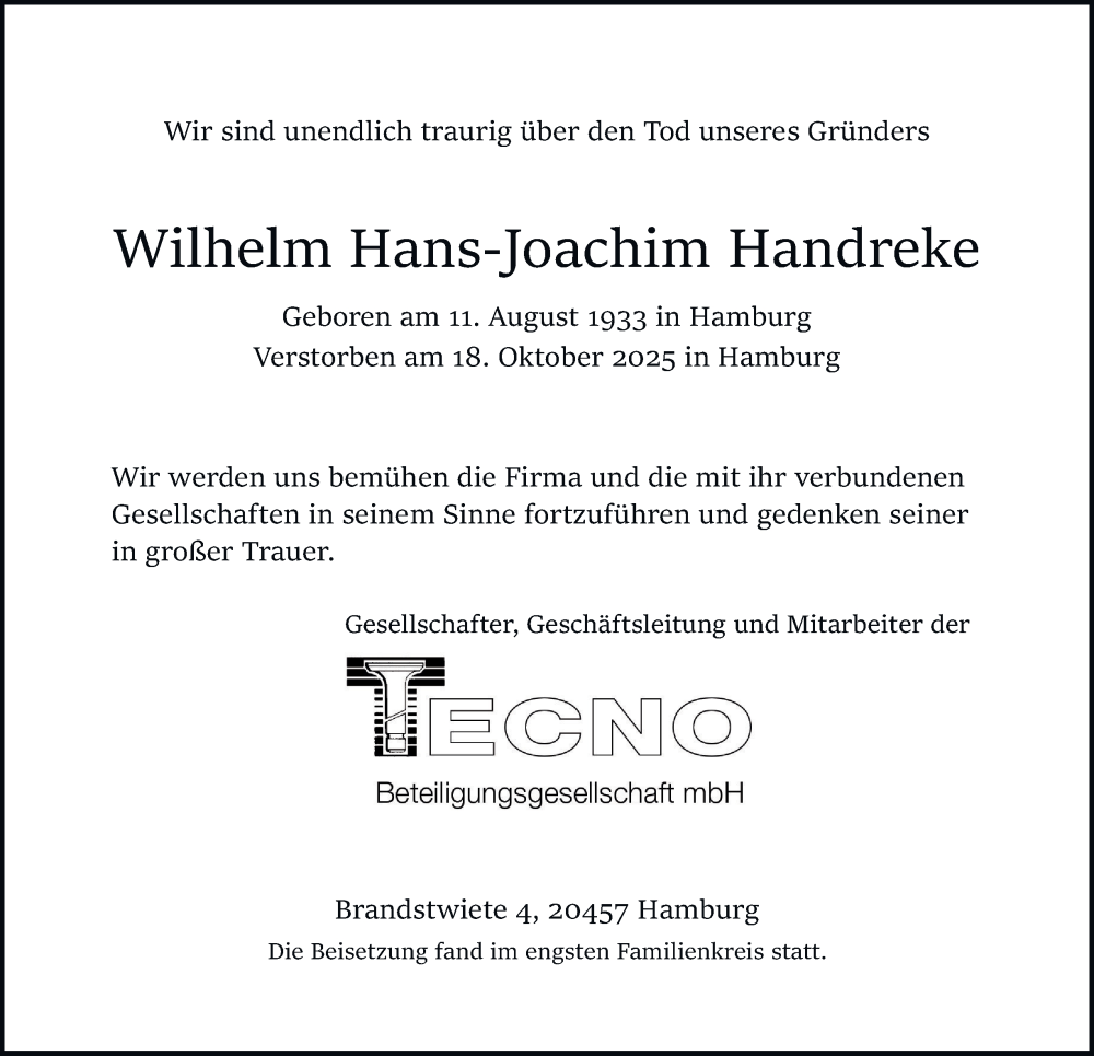 Traueranzeige für Wilhelm Hans-Joachim Handreke vom 08.11.2025 aus Hamburger Abendblatt