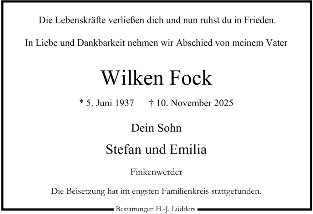  Traueranzeige für Wilken Fock vom 22.11.2025 aus 