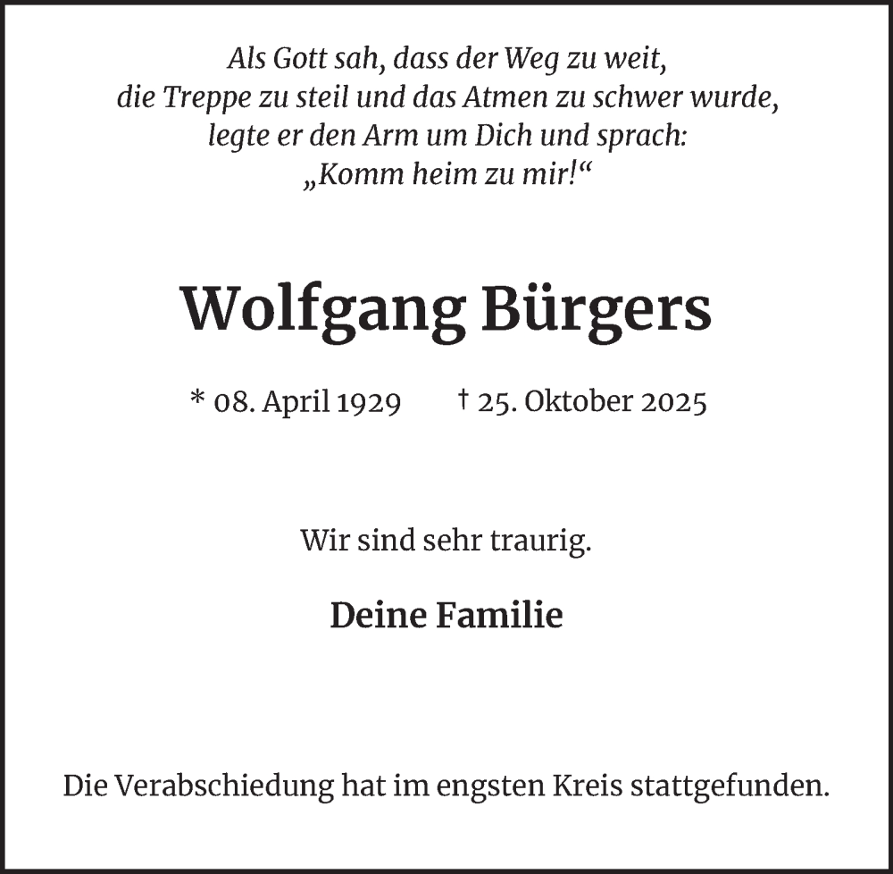  Traueranzeige für Wolfgang Bürgers vom 29.11.2025 aus Hamburger Abendblatt