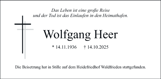 Traueranzeige von Wolfgang Heer 