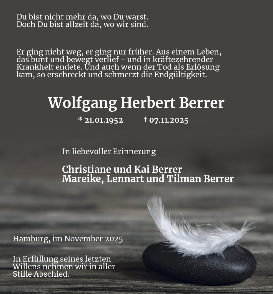  Traueranzeige für Wolfgang Herbert Berrer vom 18.11.2025 aus Hamburger Abendblatt