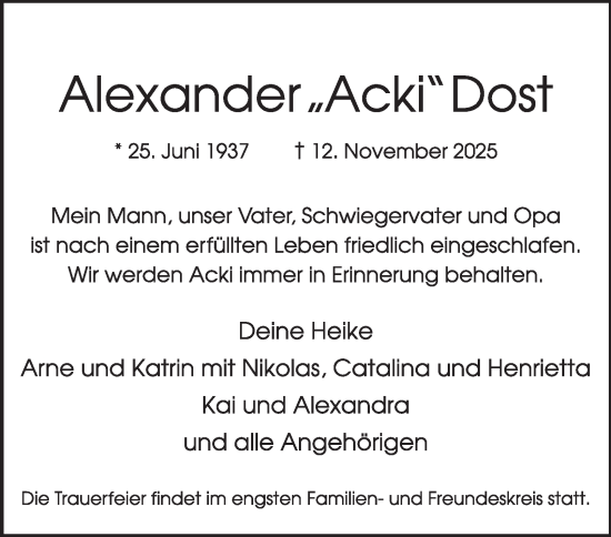 Traueranzeige von Alexander Dost von Hamburger Abendblatt
