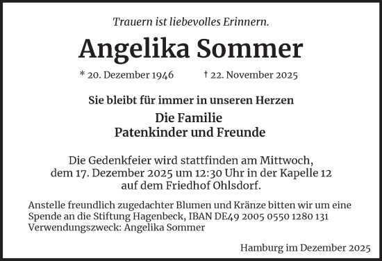Traueranzeige von Angelika Sommer von Hamburger Abendblatt