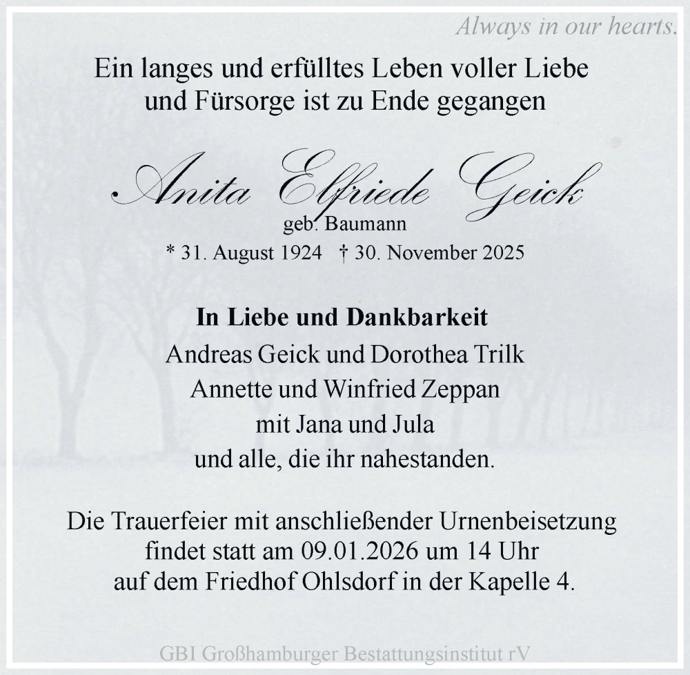  Traueranzeige für Anita Elfriede Geick vom 20.12.2025 aus Hamburger Abendblatt, Bergedorfer Zeitung