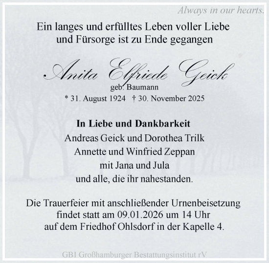 Traueranzeige von Anita Elfriede Geick von Hamburger Abendblatt, Bergedorfer Zeitung