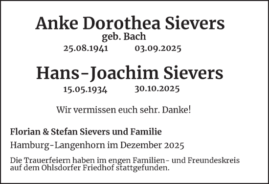Traueranzeige von Anke Dorothea Sievers von Hamburger Abendblatt