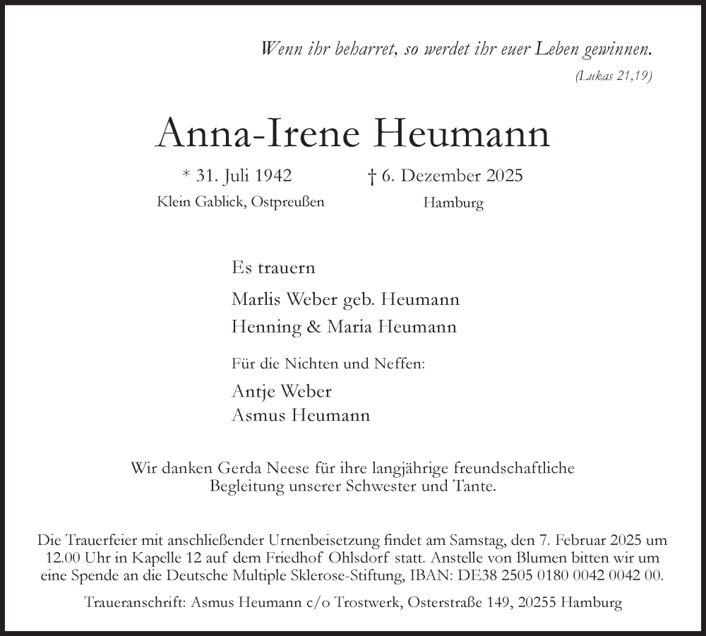  Traueranzeige für Anna-Irene Heumann vom 27.12.2025 aus Hamburger Abendblatt