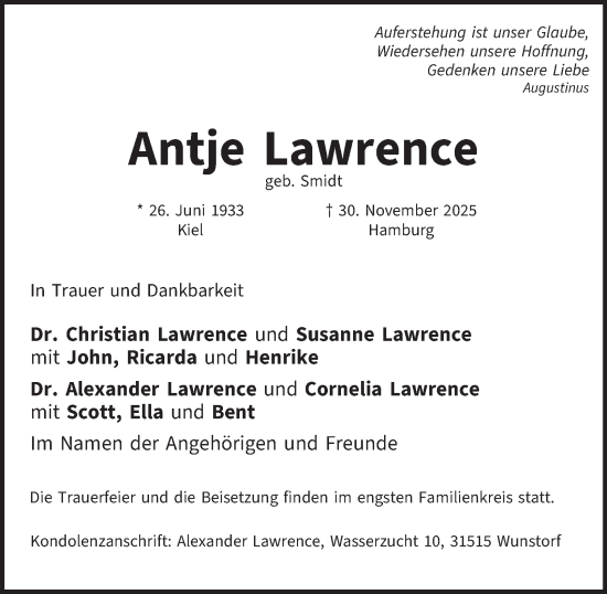 Traueranzeige von Antje Lawrence von Hamburger Abendblatt