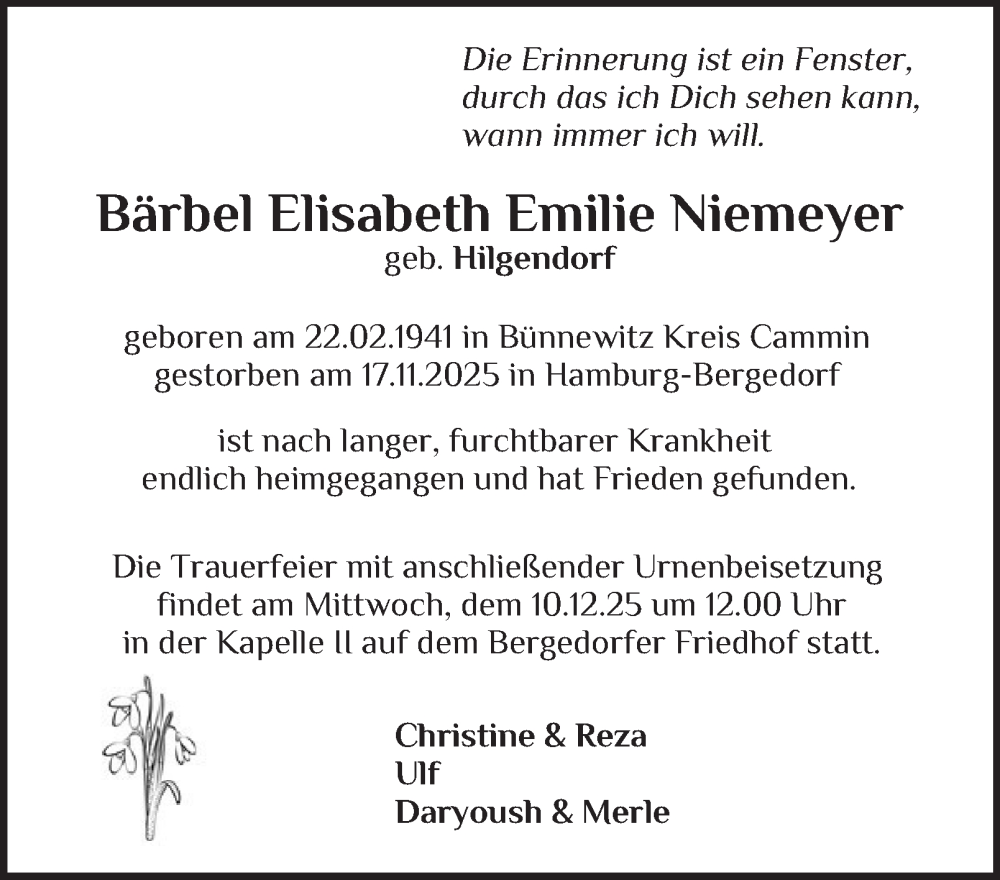  Traueranzeige für Bärbel Elisabeth Emilie Niemeyer vom 06.12.2025 aus Bergedorfer Zeitung