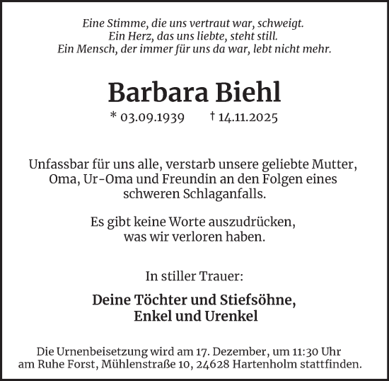 Traueranzeige von Barbara Biehl von Hamburger Abendblatt