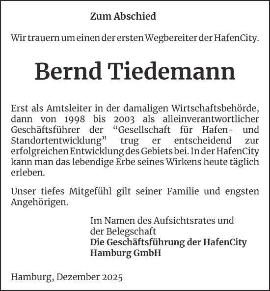 Traueranzeige von Bernd Tiedemann von Hamburger Abendblatt